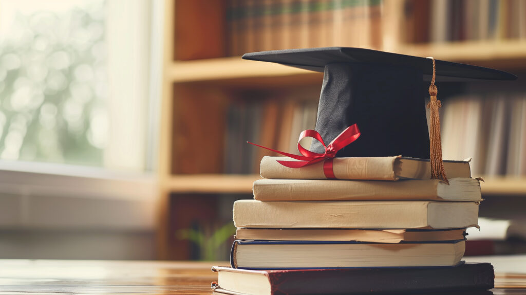 A graduation cap with a tassel resting on a stack of books, accompanied by a rolled diploma tied with a red ribbon on a wooden table.